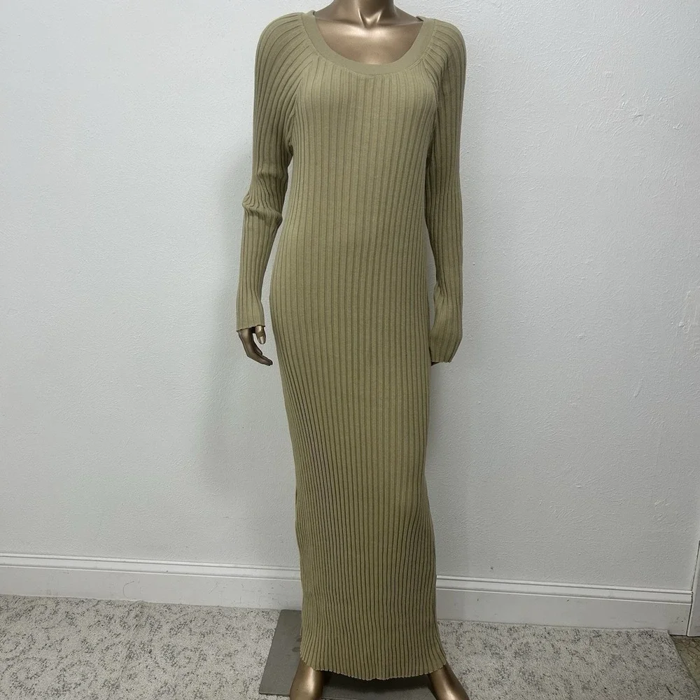 Free People Beach Khaki  Walk About Ribbed Long Sleeve Maxi Dress Bodycon Size L
